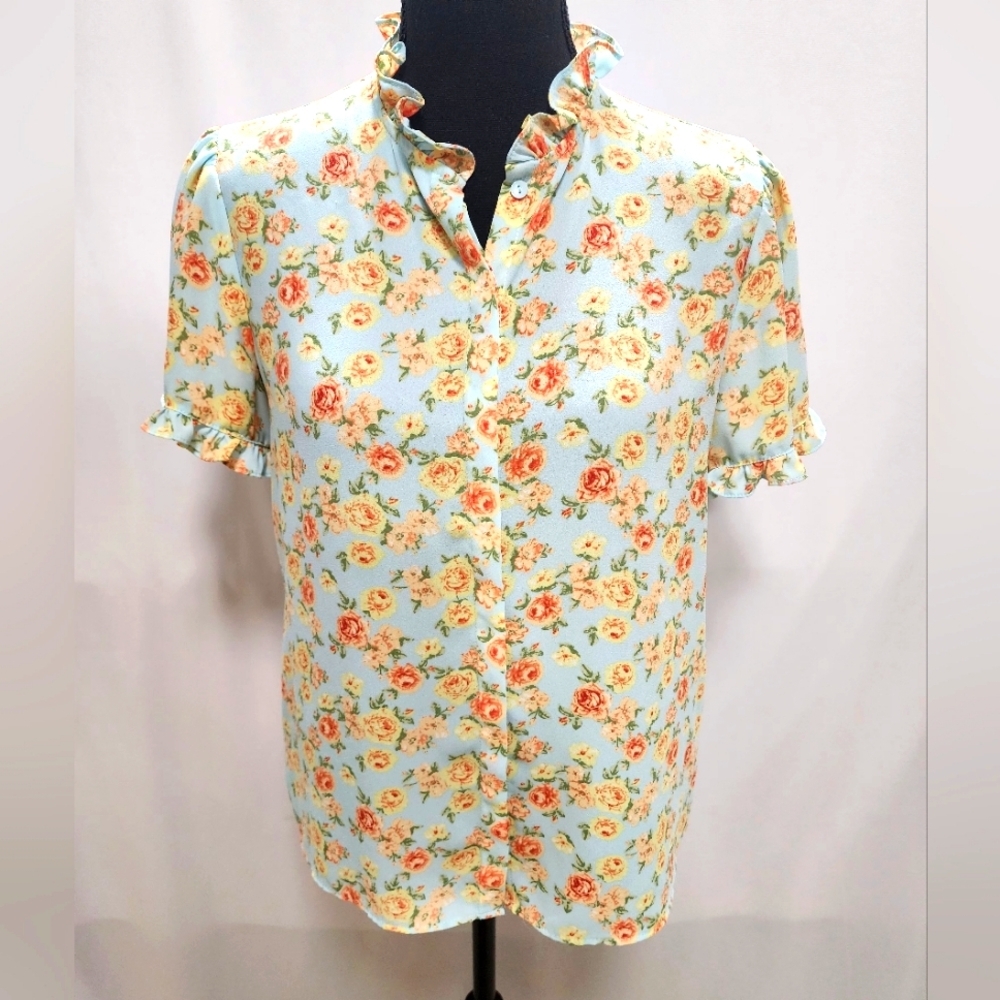 Philosophy Small Yellow Orange Floral Ruffle Blouse On Light Blue